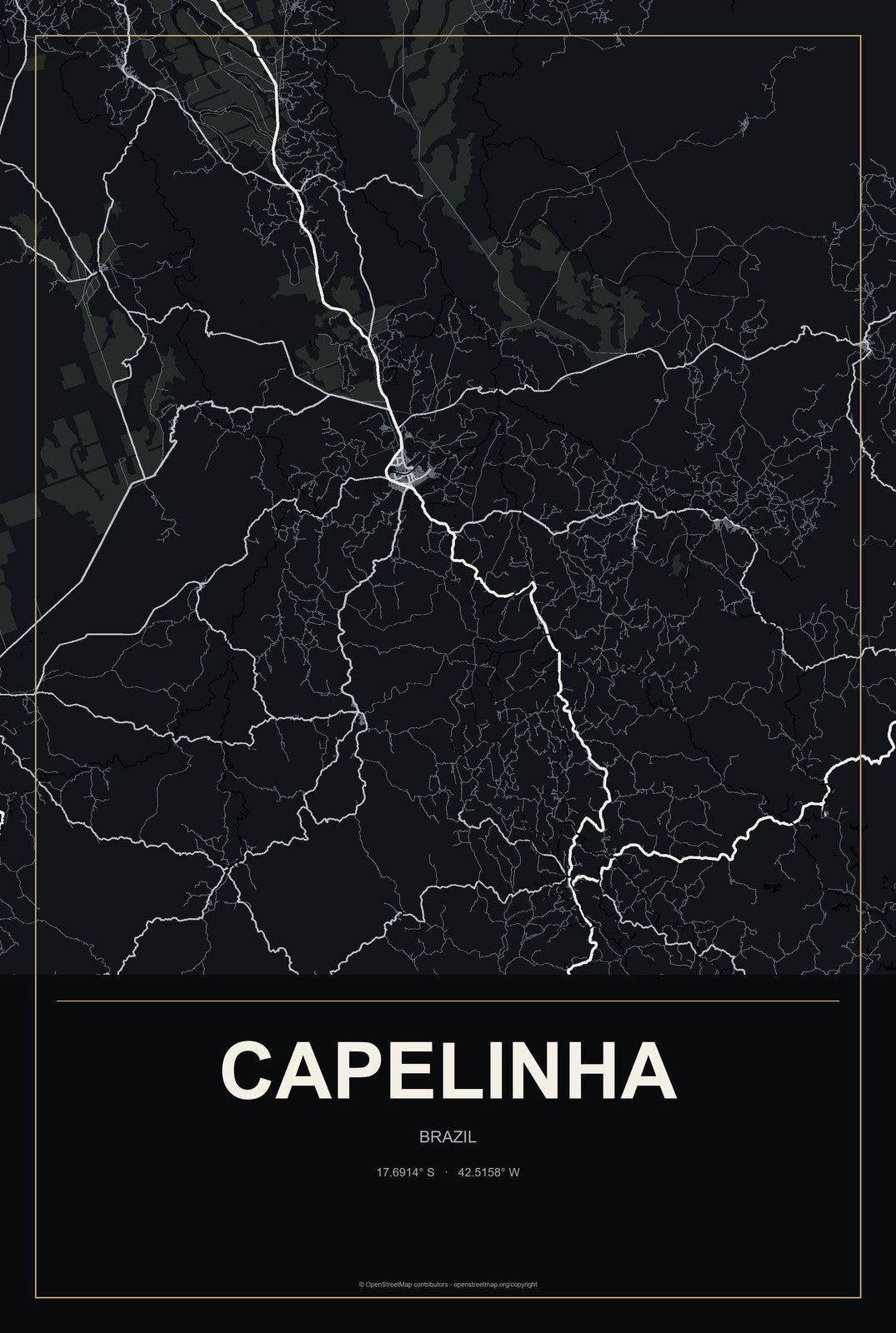 Capelinha, Brazil City Map Aluminum Sign in Metropolitan Noir style
