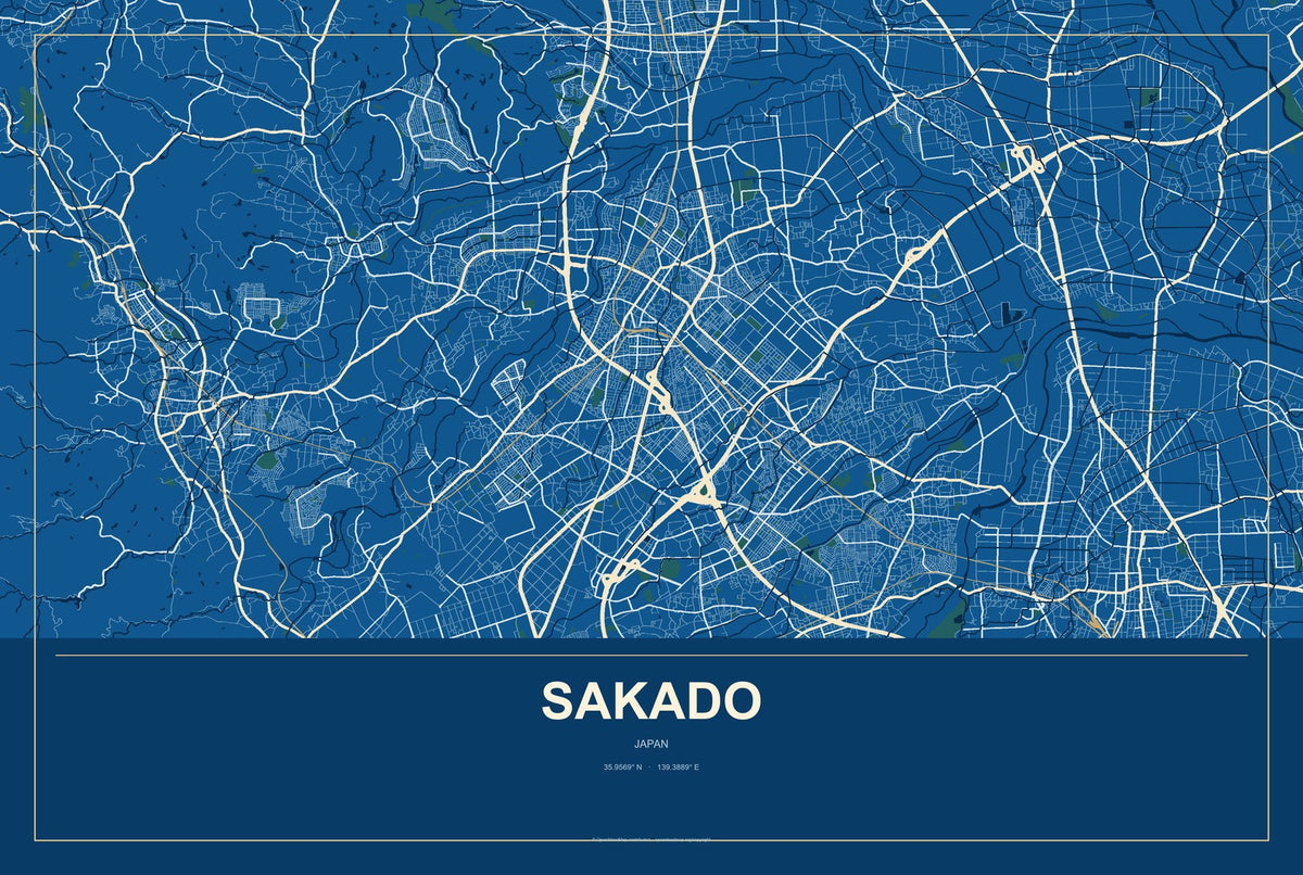 Sakado, Japan City Map Aluminum Sign in Harbor Cobalt style