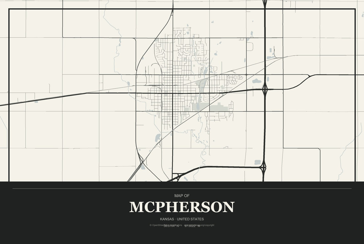 McPherson, Kansas City Map Aluminum Sign in Museum Plaque style