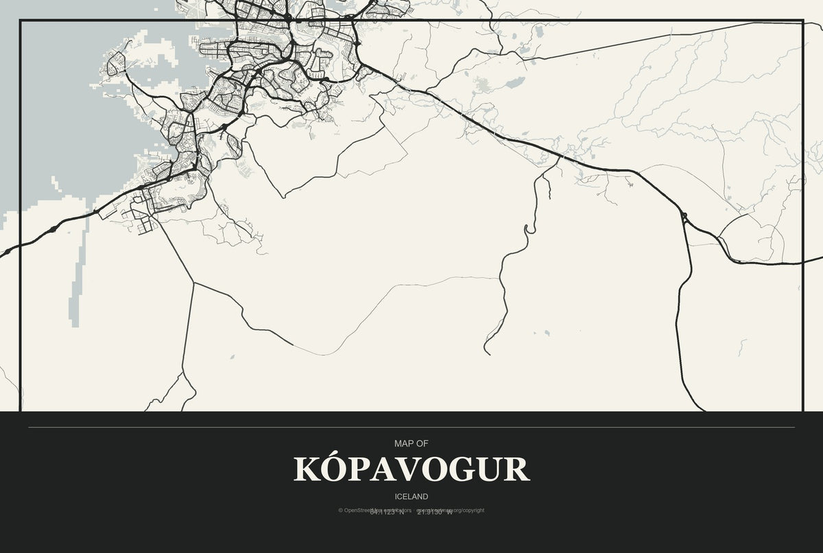 Kópavogur, Iceland City Map Aluminum Sign in Museum Plaque style