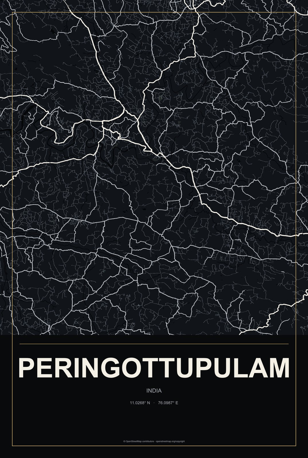 Peringottupulam, India City Map Aluminum Sign in Metropolitan Noir style