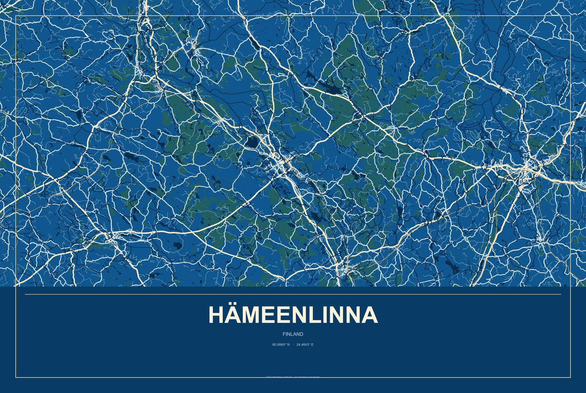 Hämeenlinna, Finland City Map Aluminum Sign in Harbor Cobalt style
