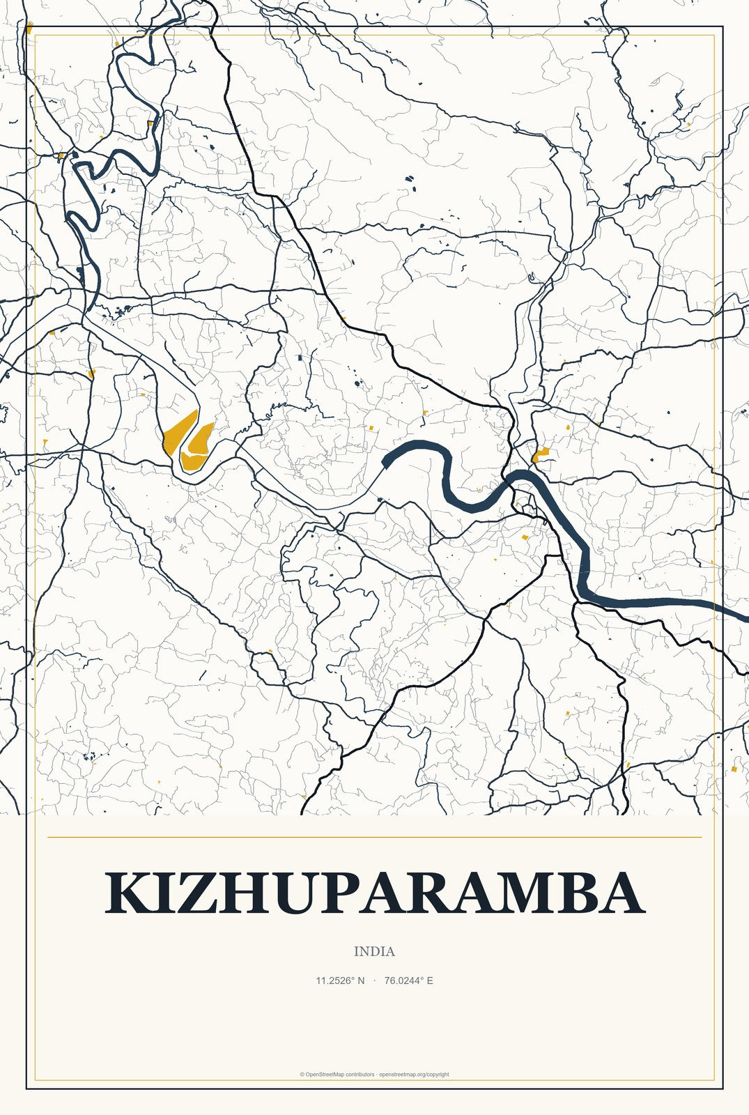 Kizhuparamba, India City Map Aluminum Sign in Citrine Modern style