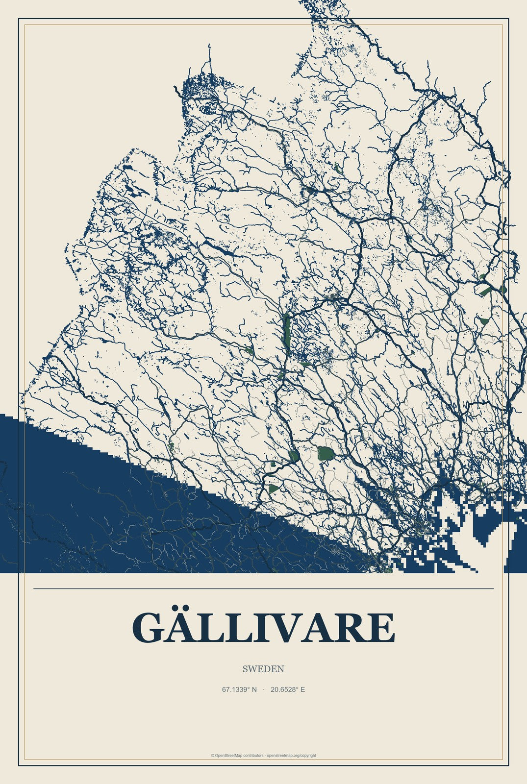 Gällivare, Sweden City Map Aluminum Sign in Coastal Cutout style