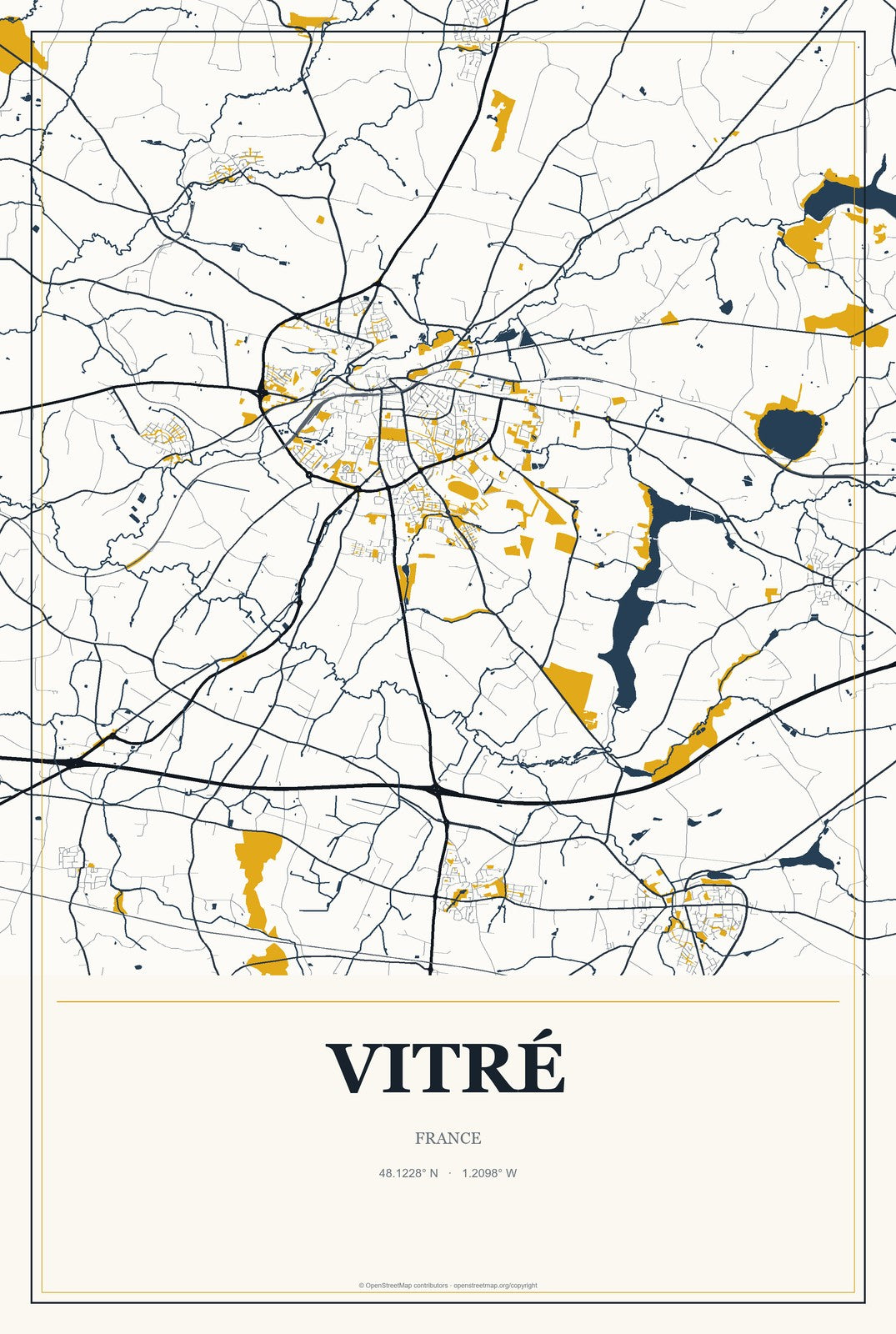 Vitré, France City Map Aluminum Sign in Citrine Modern style
