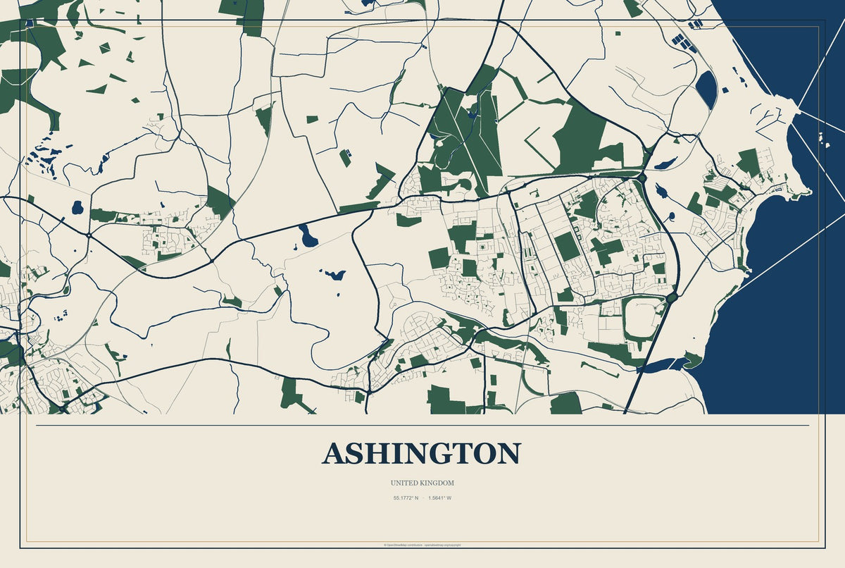 Ashington, United Kingdom City Map Aluminum Sign in Coastal Cutout style