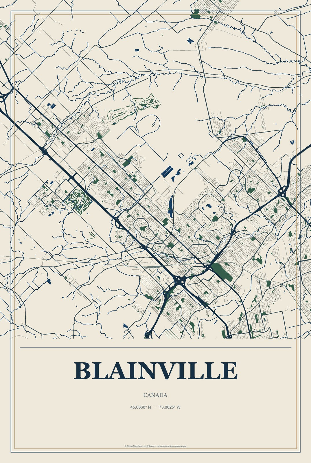 Blainville, Canada City Map Aluminum Sign in Coastal Cutout style