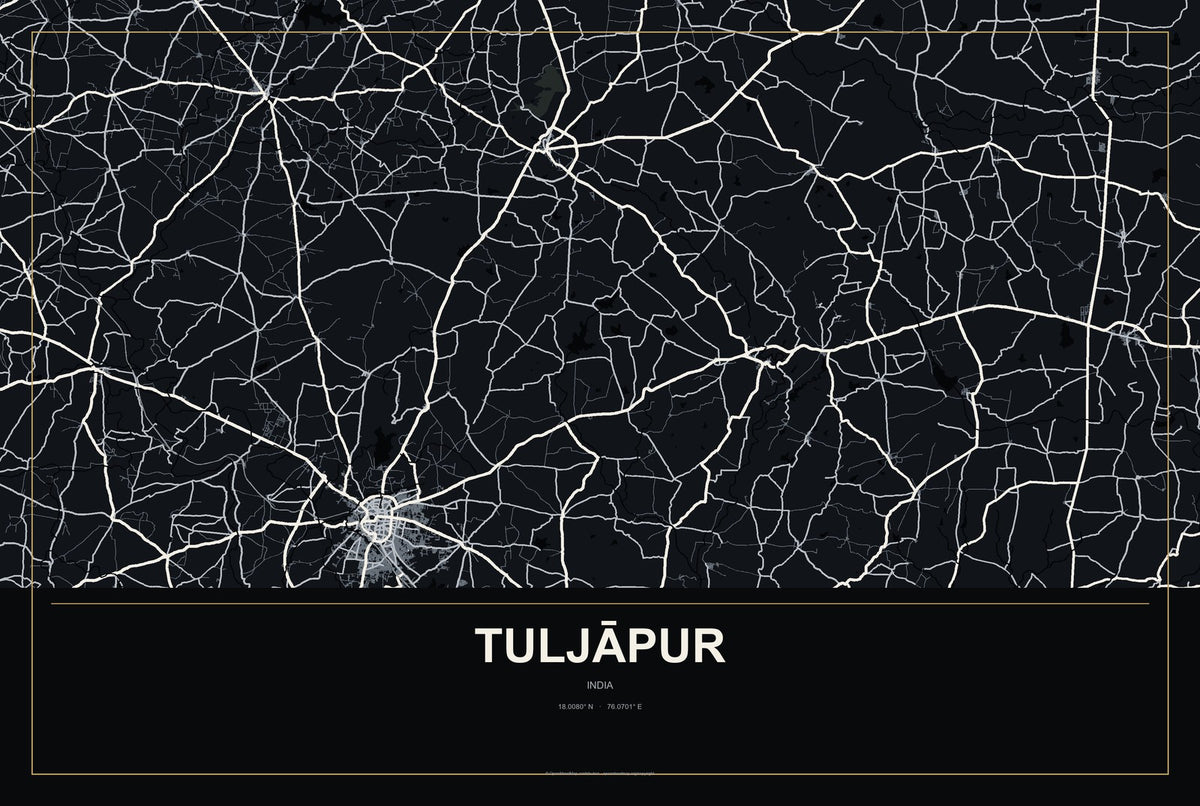 Tuljāpur, India City Map Aluminum Sign in Metropolitan Noir style
