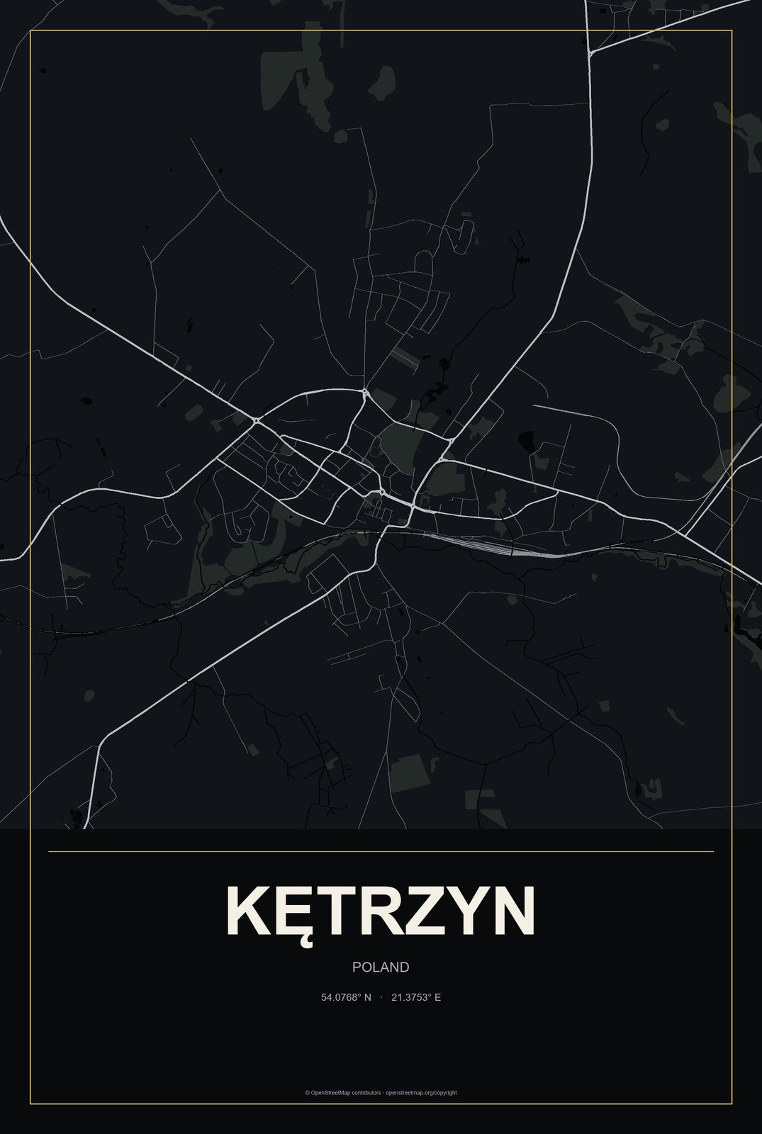 Kętrzyn, Poland City Map Aluminum Sign in Metropolitan Noir style