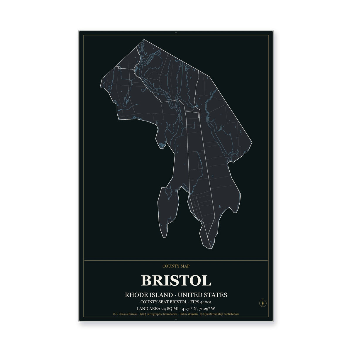 Bristol County, Rhode Island Map Aluminum Sign in Metropolitan Noir style