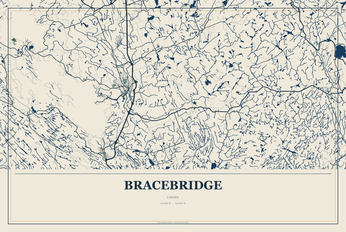 Bracebridge, Canada City Map Aluminum Sign in Coastal Cutout style