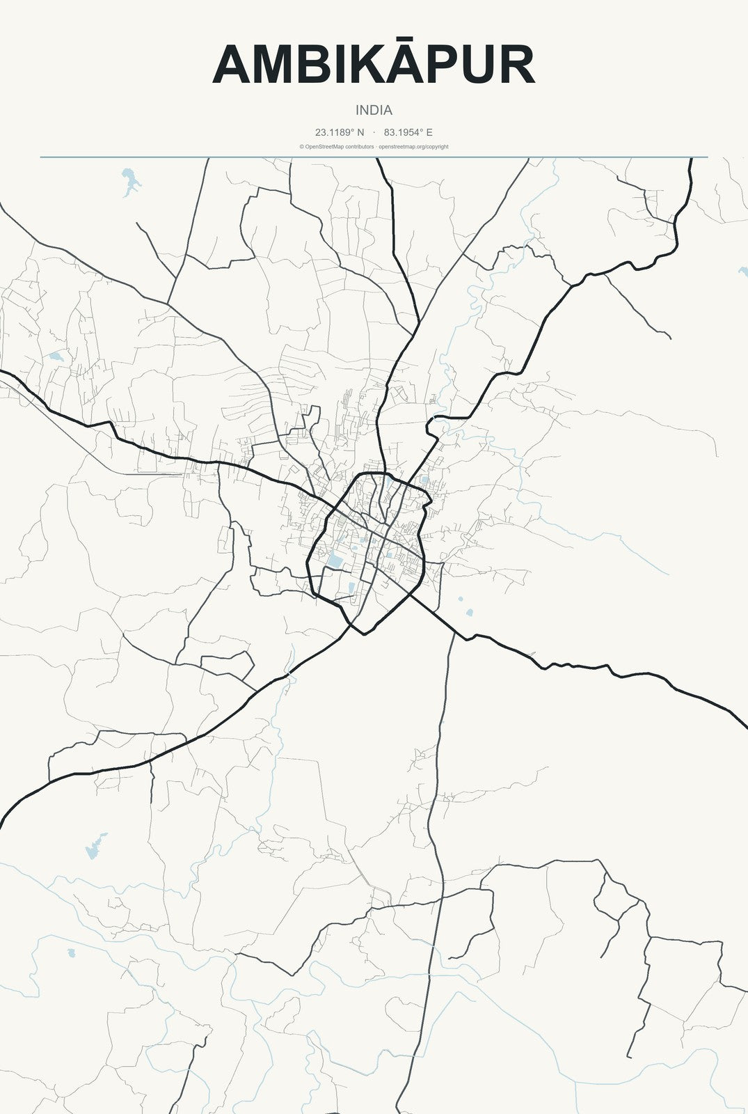 Ambikāpur, India City Map Aluminum Sign in Headline Atlas style