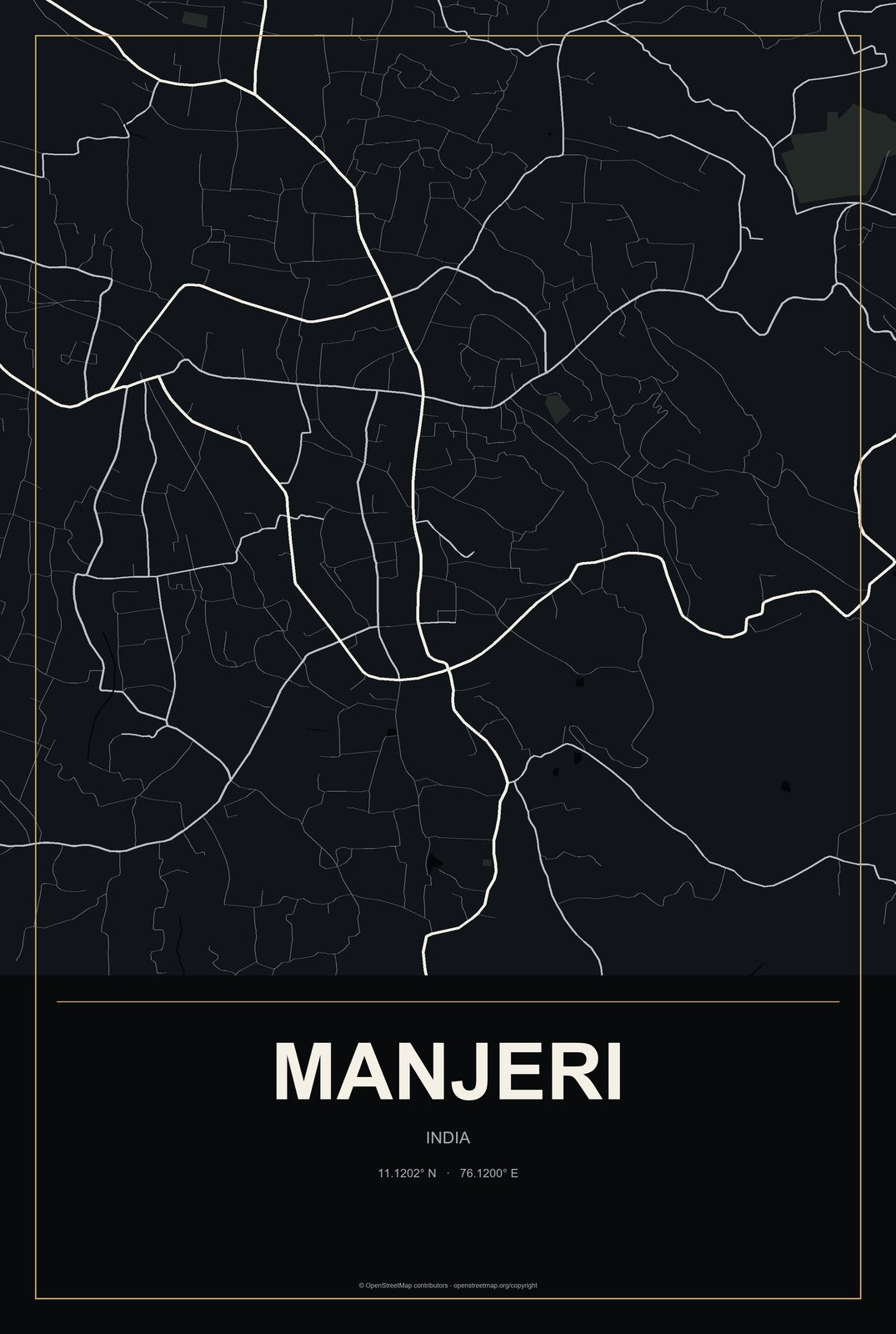 Manjeri, India City Map Aluminum Sign in Metropolitan Noir style