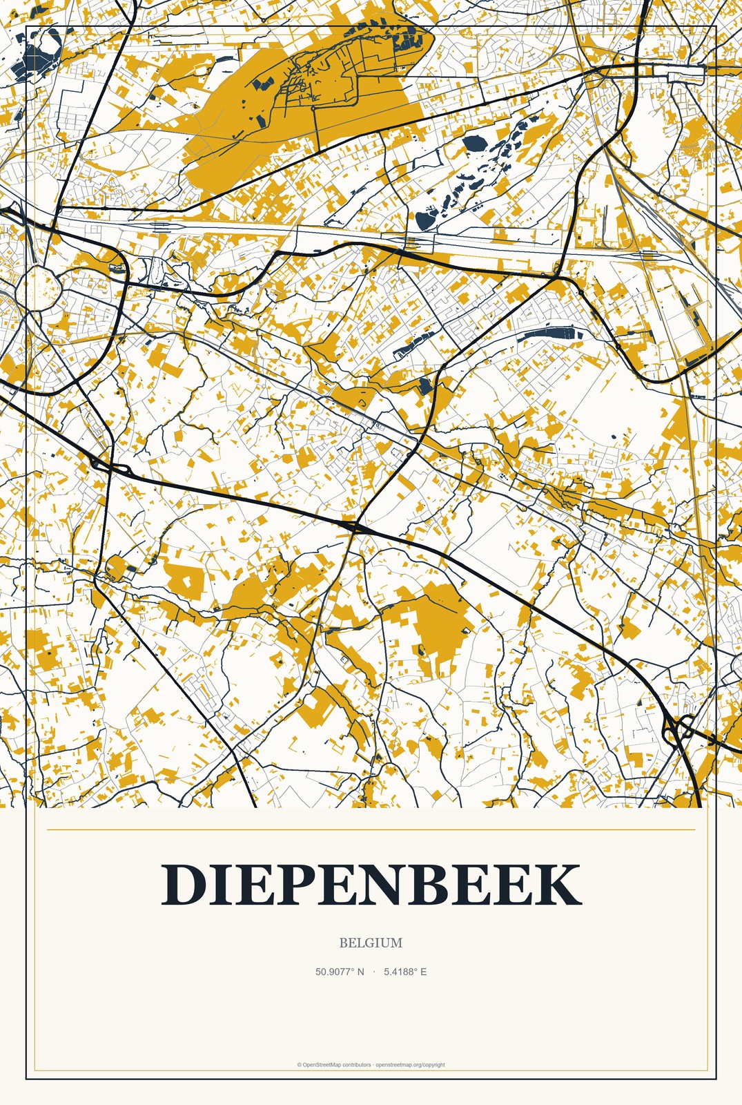 Diepenbeek, Belgium City Map Aluminum Sign in Citrine Modern style