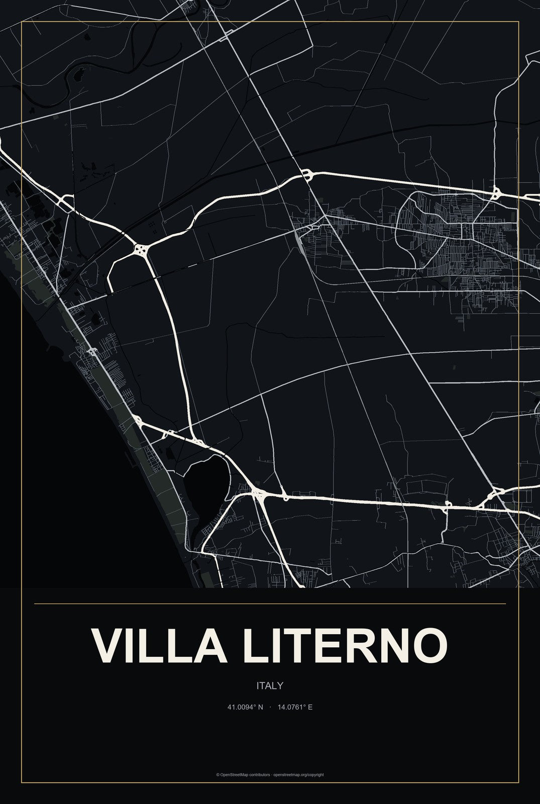 Villa Literno, Italy City Map Aluminum Sign in Metropolitan Noir style