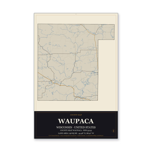 Waupaca County, Wisconsin Map Aluminum Sign in Museum Plaque style