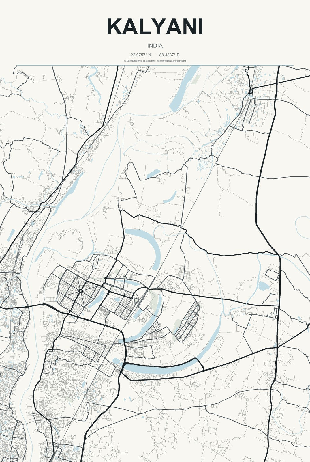 Kalyani, India City Map Aluminum Sign in Headline Atlas style