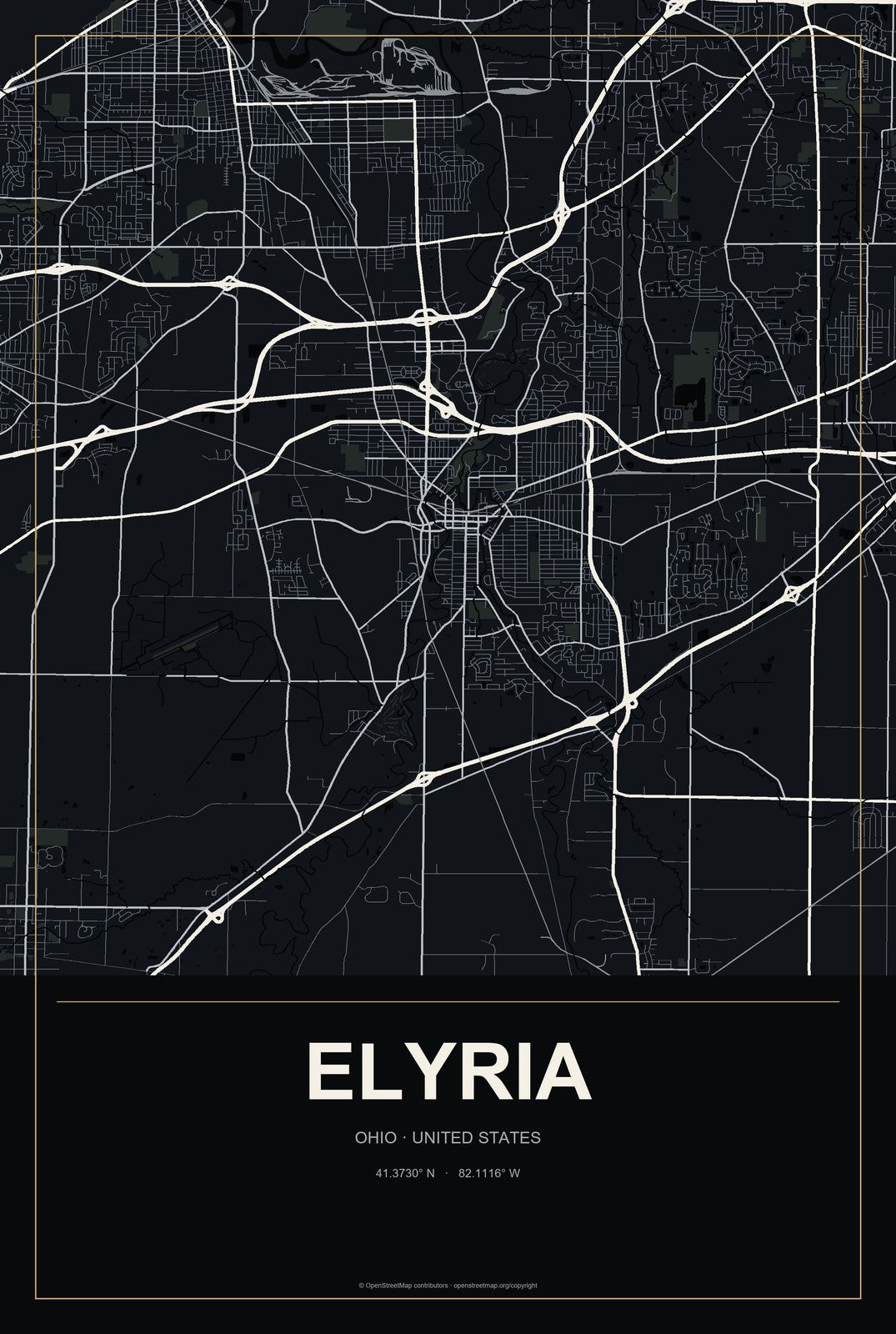 Elyria, Ohio City Map Aluminum Sign in Metropolitan Noir style