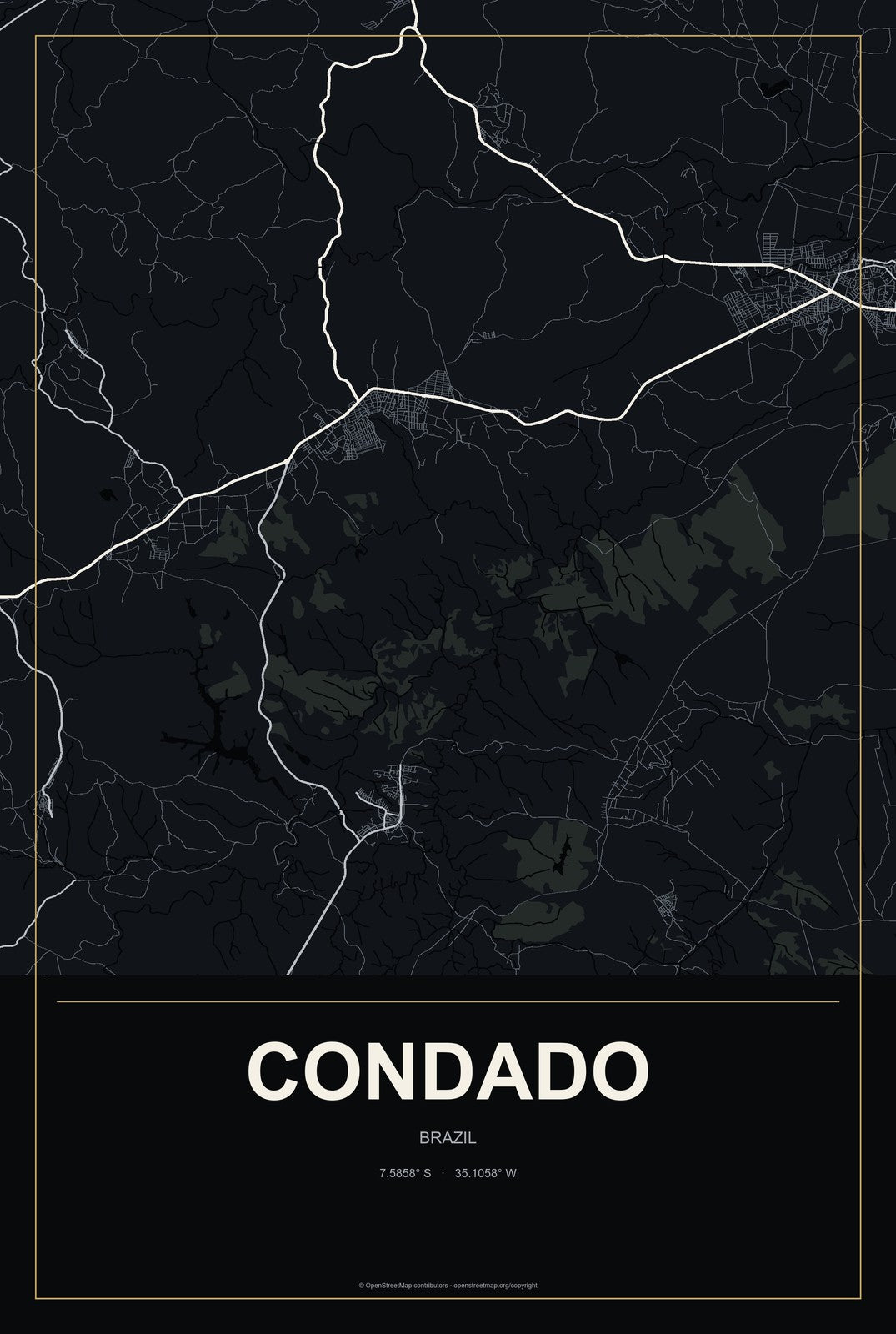 Condado, Brazil City Map Aluminum Sign in Metropolitan Noir style