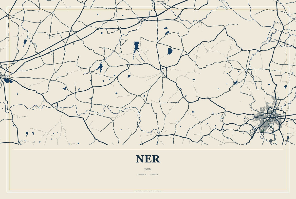 Ner, India City Map Aluminum Sign in Coastal Cutout style
