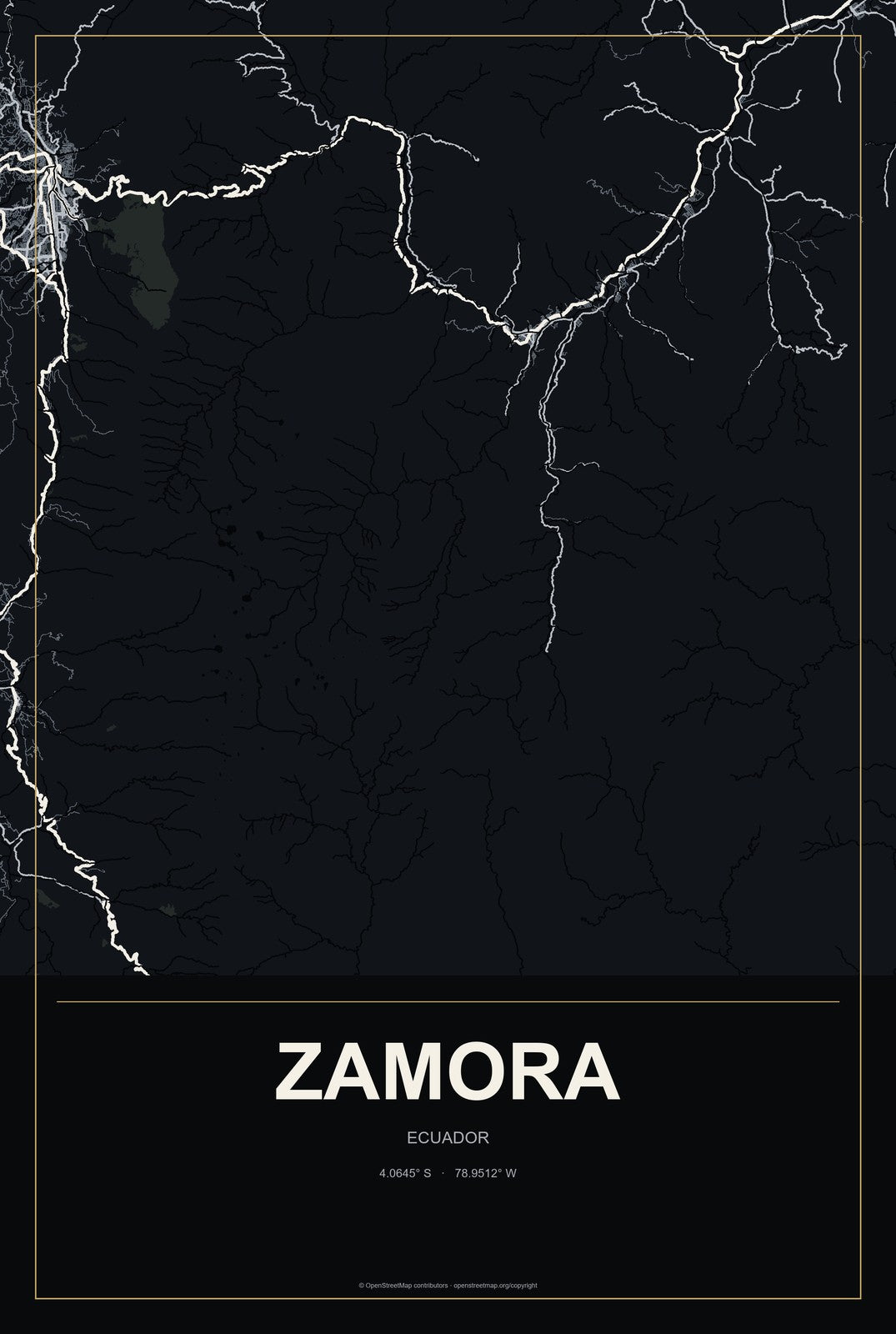 Zamora, Ecuador City Map Aluminum Sign in Metropolitan Noir style