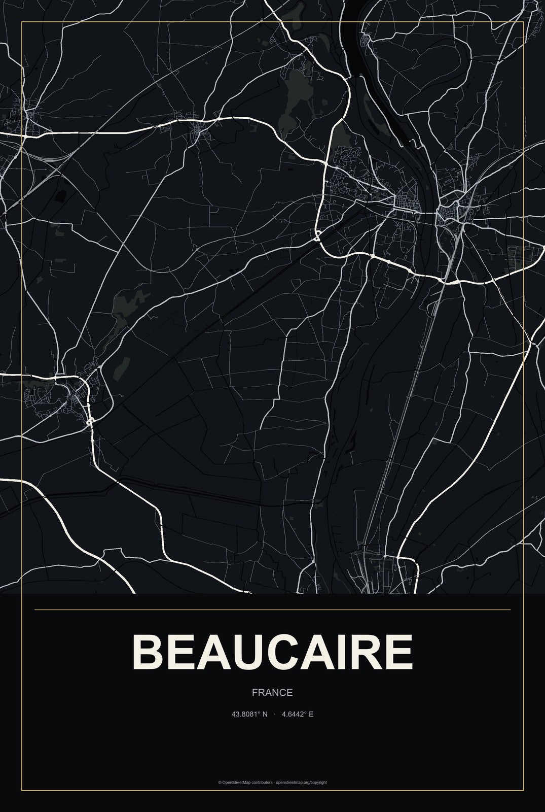 Beaucaire, France City Map Aluminum Sign in Metropolitan Noir style