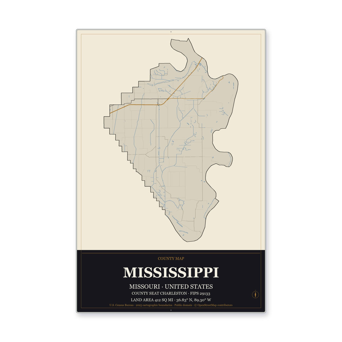 Mississippi County, Missouri Map Aluminum Sign in Museum Plaque style