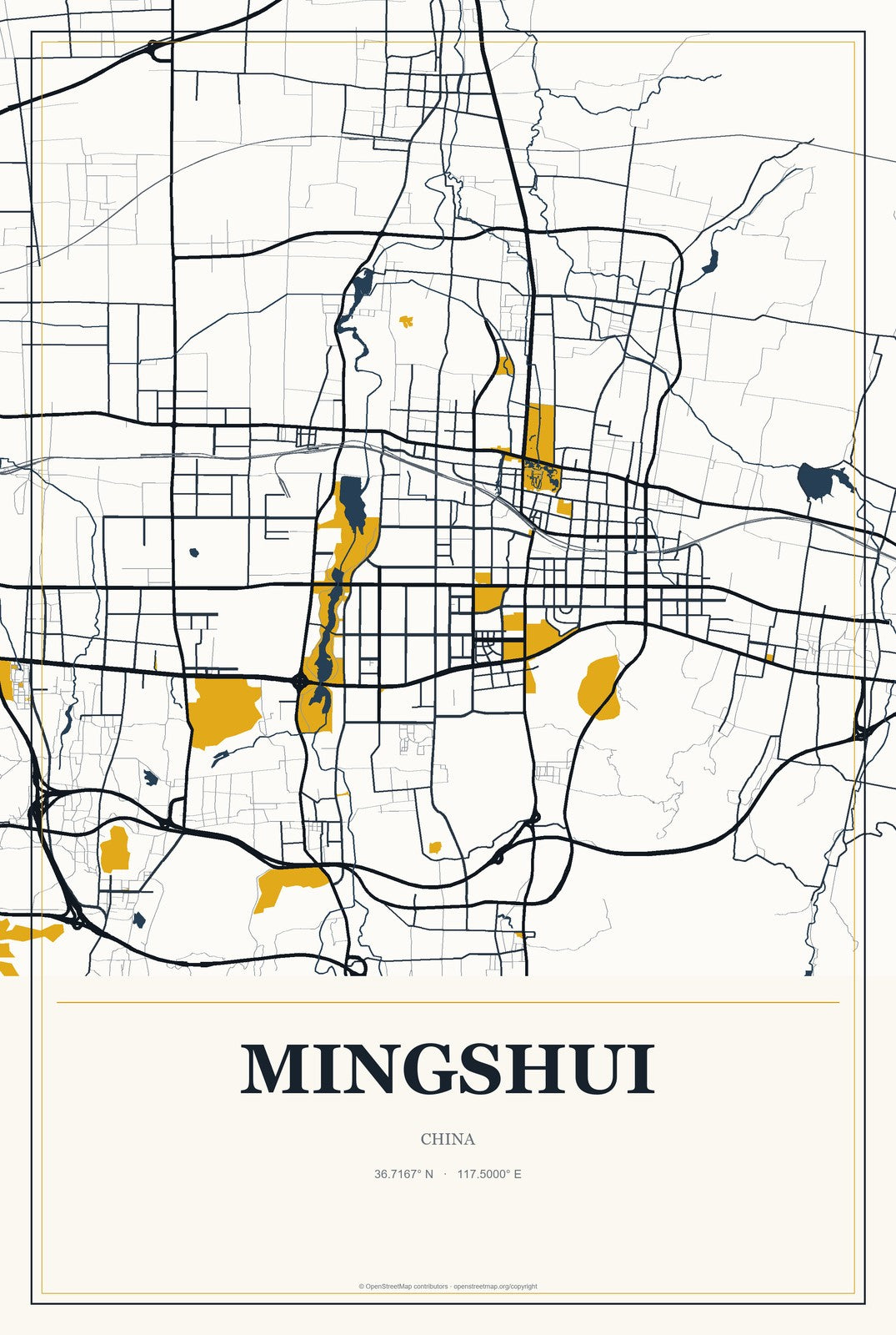 Mingshui, Shandong, China City Map Aluminum Sign in Citrine Modern style