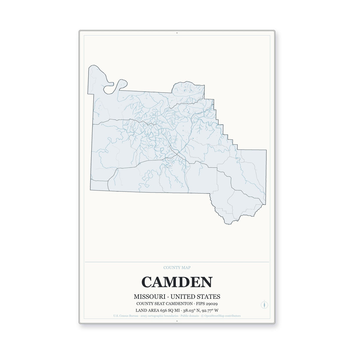 Camden County, Missouri Map Aluminum Sign in Gallery Air style
