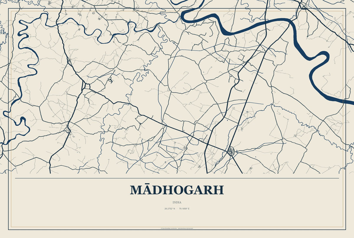Mādhogarh, India City Map Aluminum Sign in Coastal Cutout style
