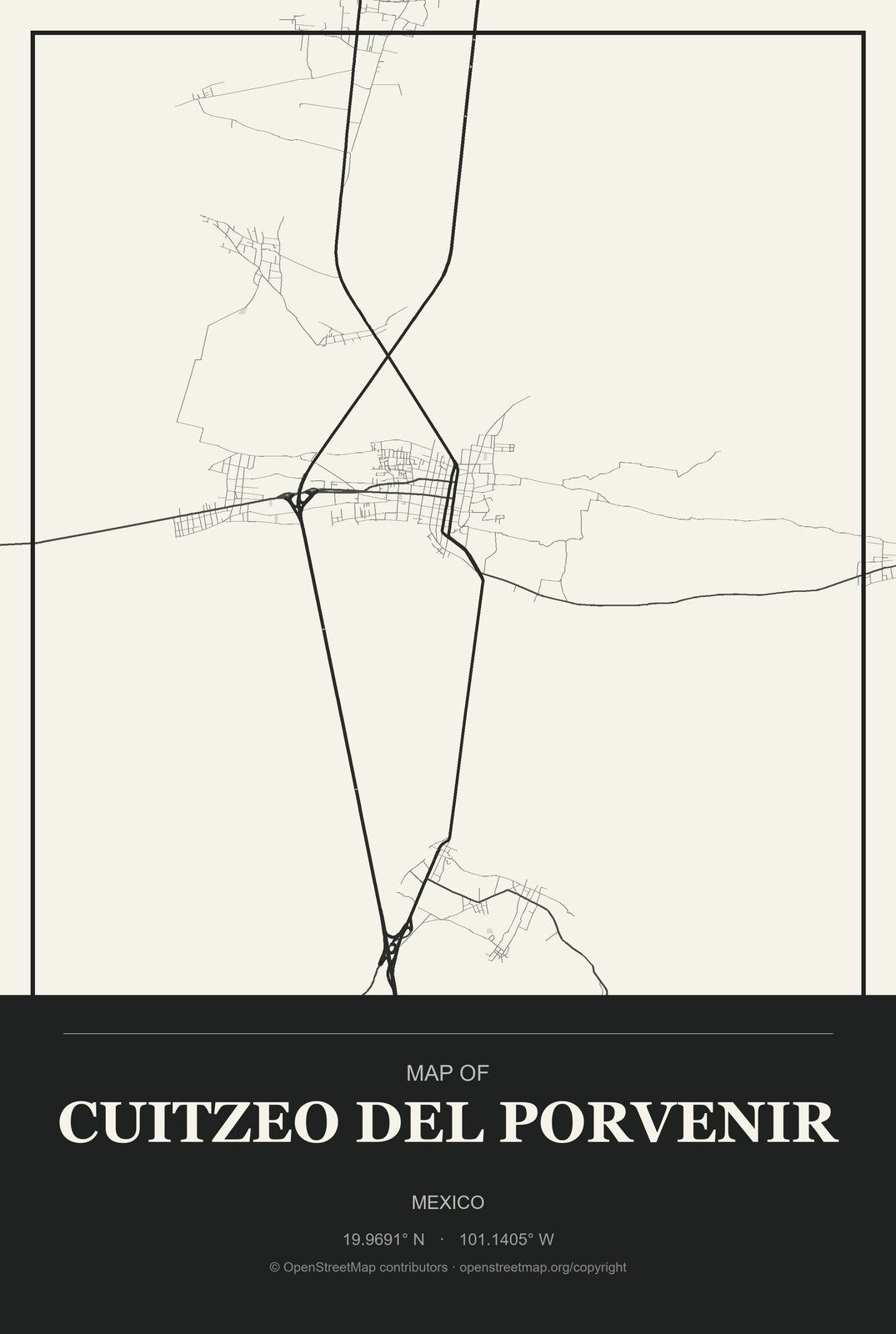Cuitzeo del Porvenir, Mexico City Map Aluminum Sign in Museum Plaque style