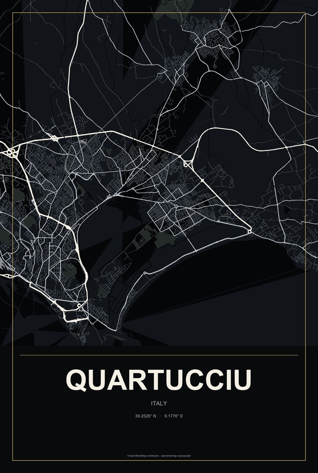 Quartucciu, Italy City Map Aluminum Sign in Metropolitan Noir style