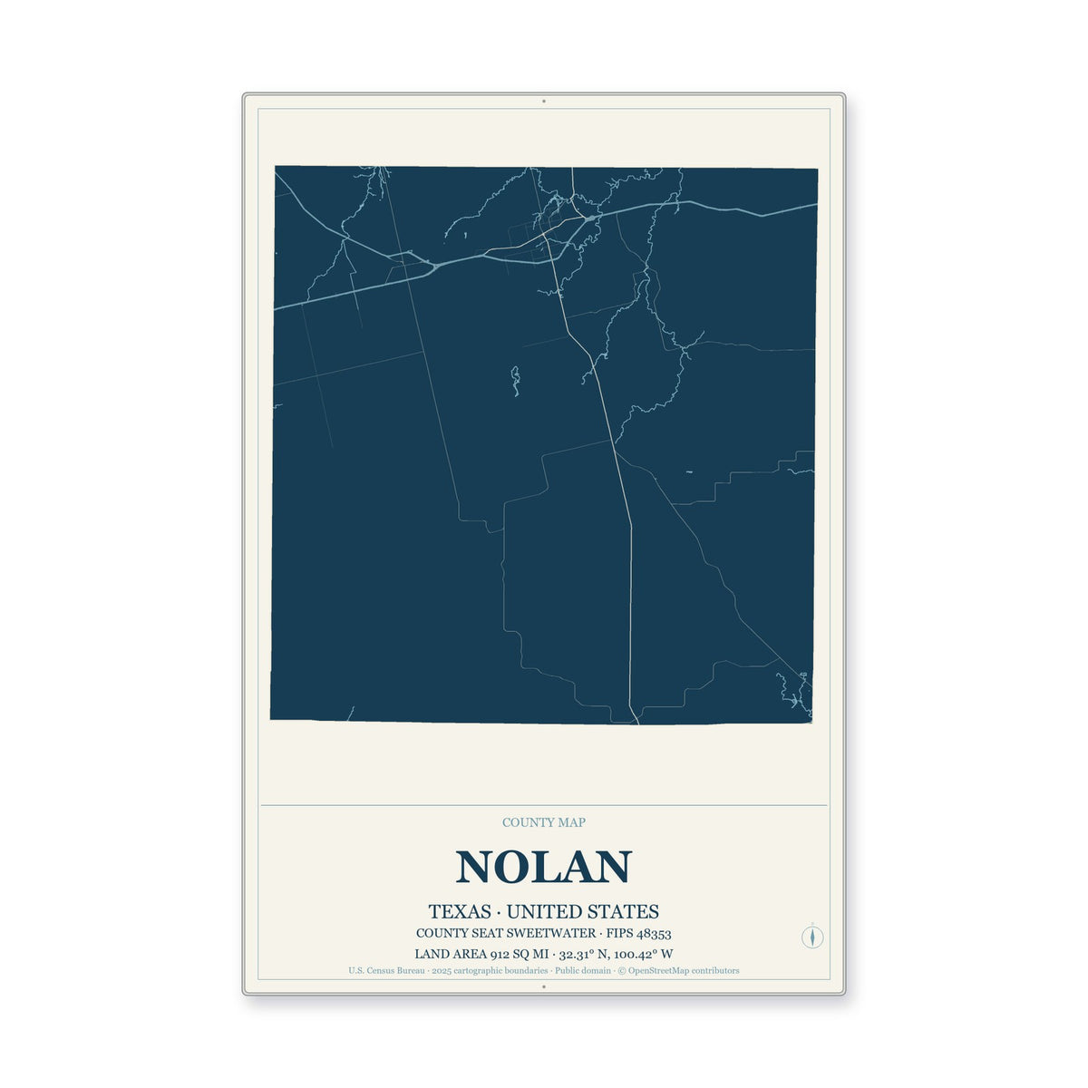 Nolan County, Texas Map Aluminum Sign in Coastal Cutout style