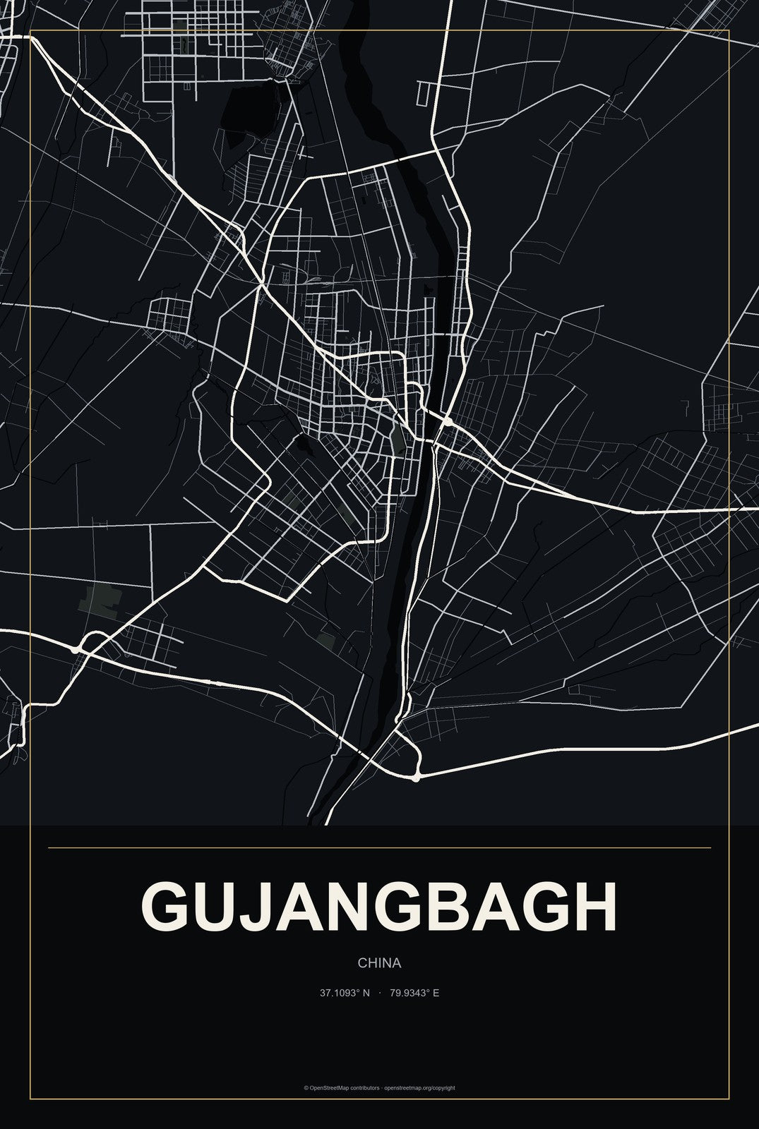 Gujangbagh, China City Map Aluminum Sign in Metropolitan Noir style