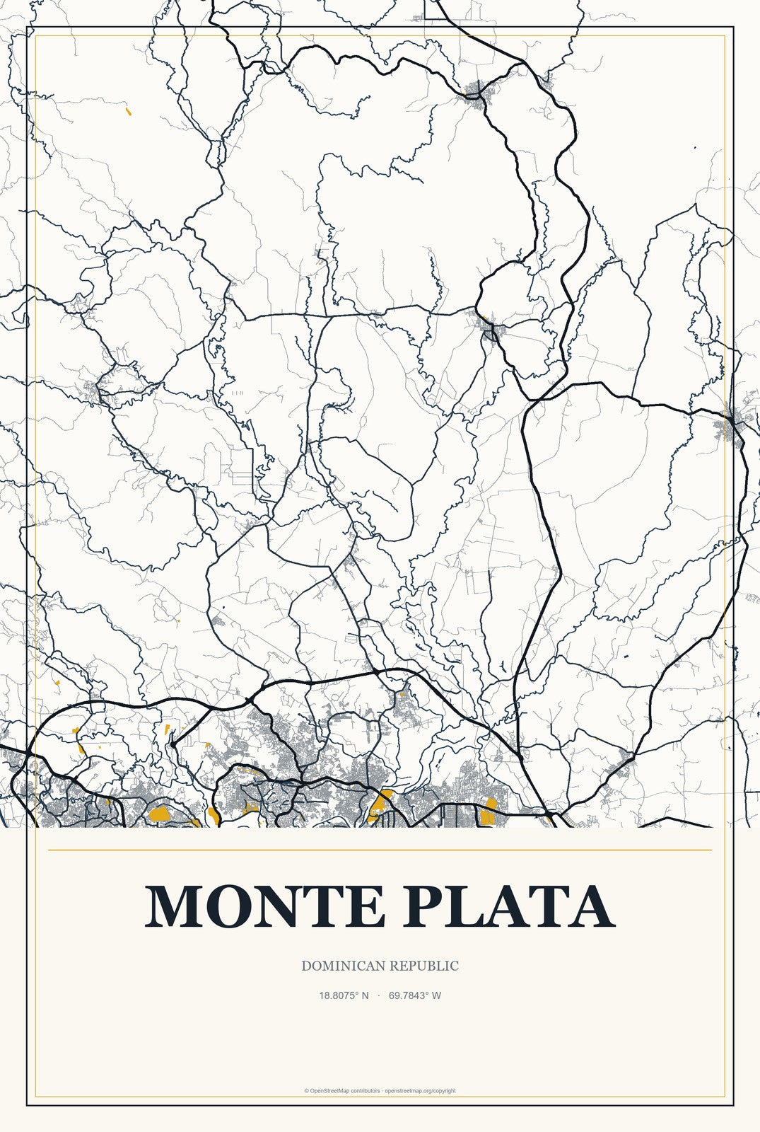 Monte Plata, Dominican Republic City Map Aluminum Sign in Citrine Modern style