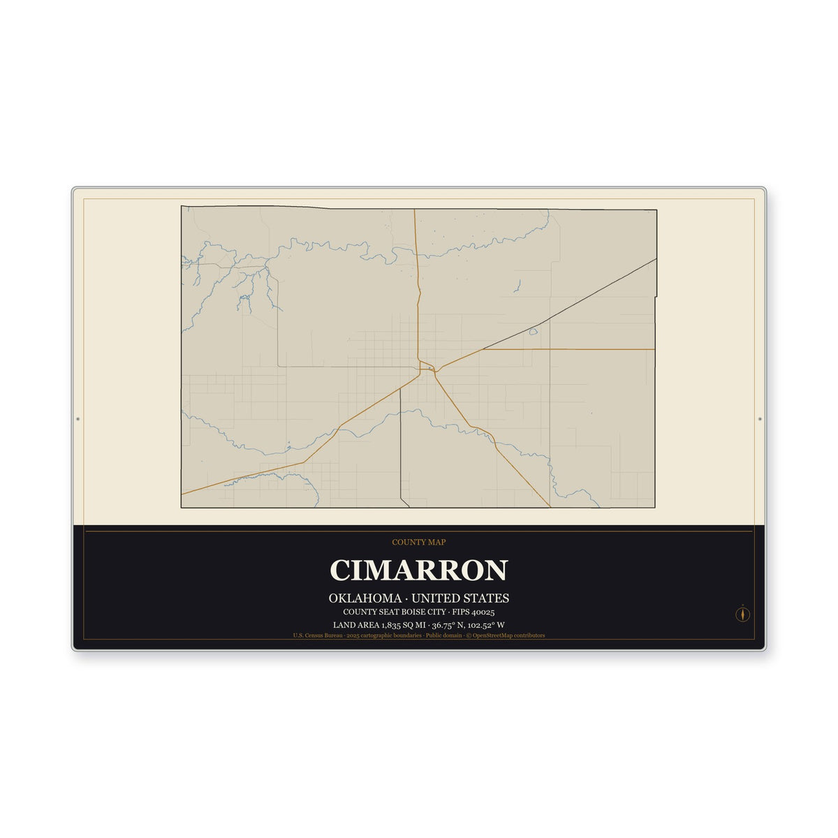 Cimarron County, Oklahoma Map Aluminum Sign in Museum Plaque style