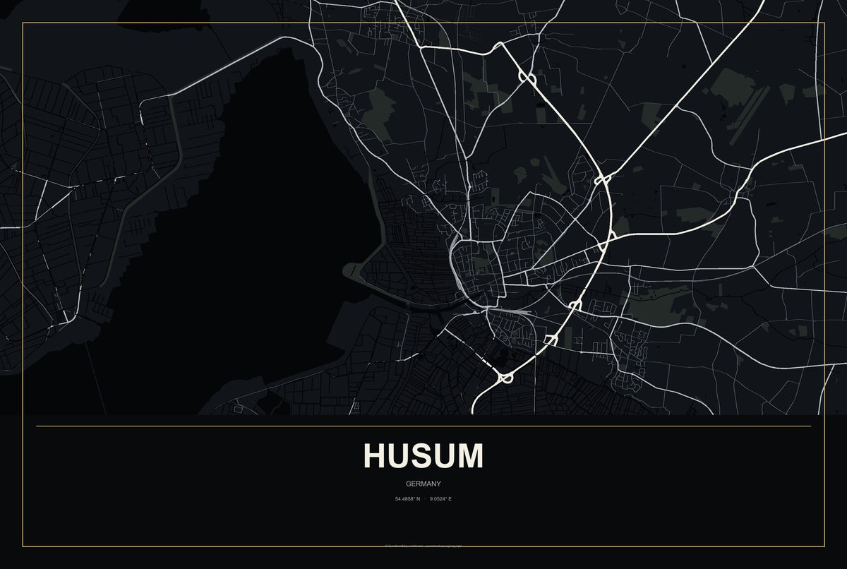 Husum, Germany City Map Aluminum Sign in Metropolitan Noir style