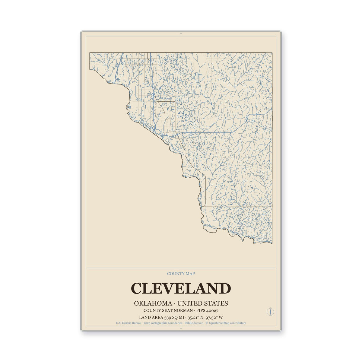 Cleveland County, Oklahoma Map Aluminum Sign in Heritage Nautical style