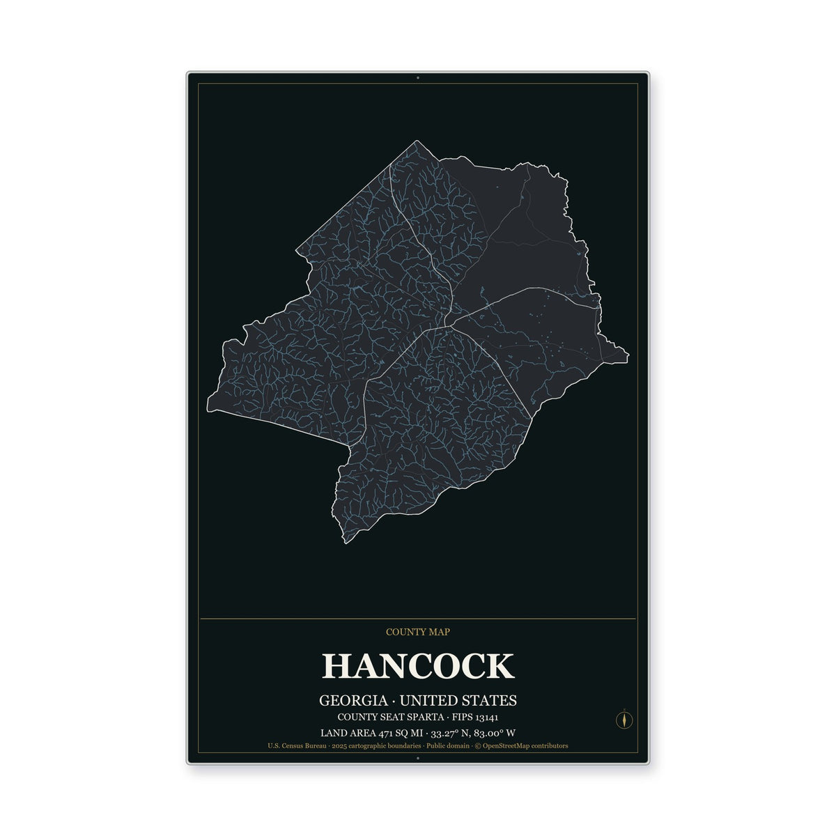 Hancock County, Georgia Map Aluminum Sign in Metropolitan Noir style
