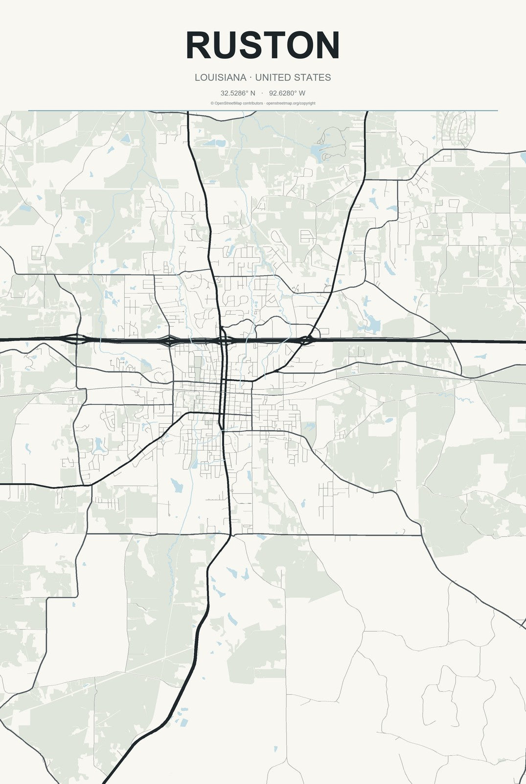 Ruston, Louisiana City Map Aluminum Sign in Headline Atlas style