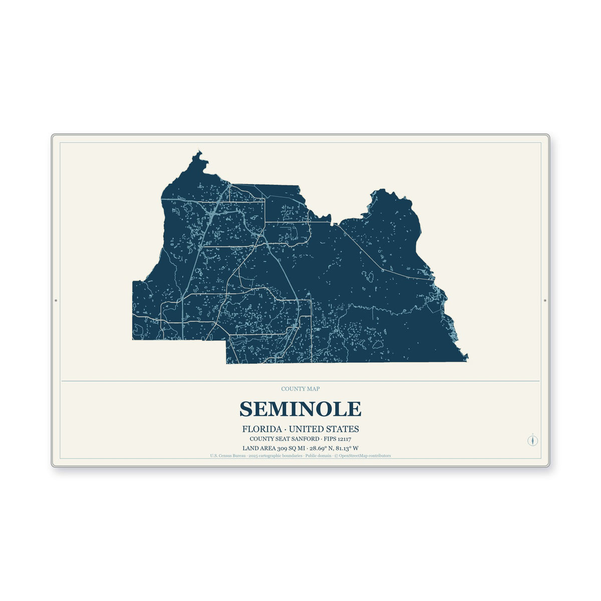 Seminole County, Florida Map Aluminum Sign in Coastal Cutout style