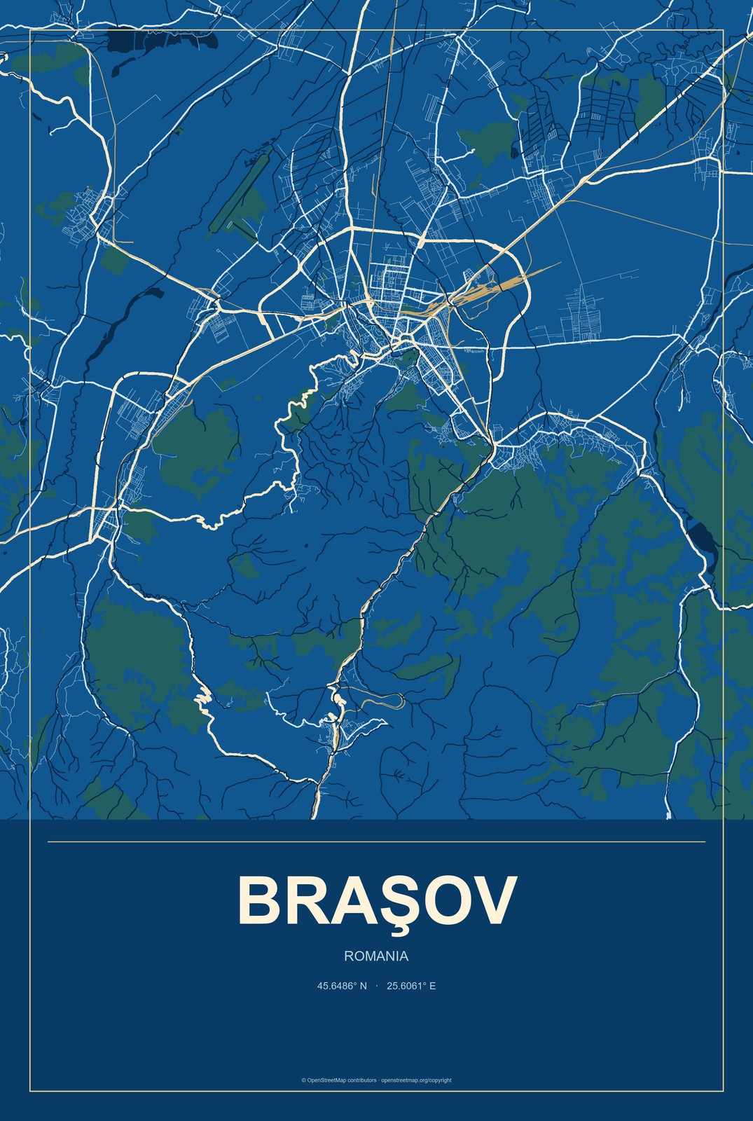 Braşov, Romania City Map Aluminum Sign in Harbor Cobalt style