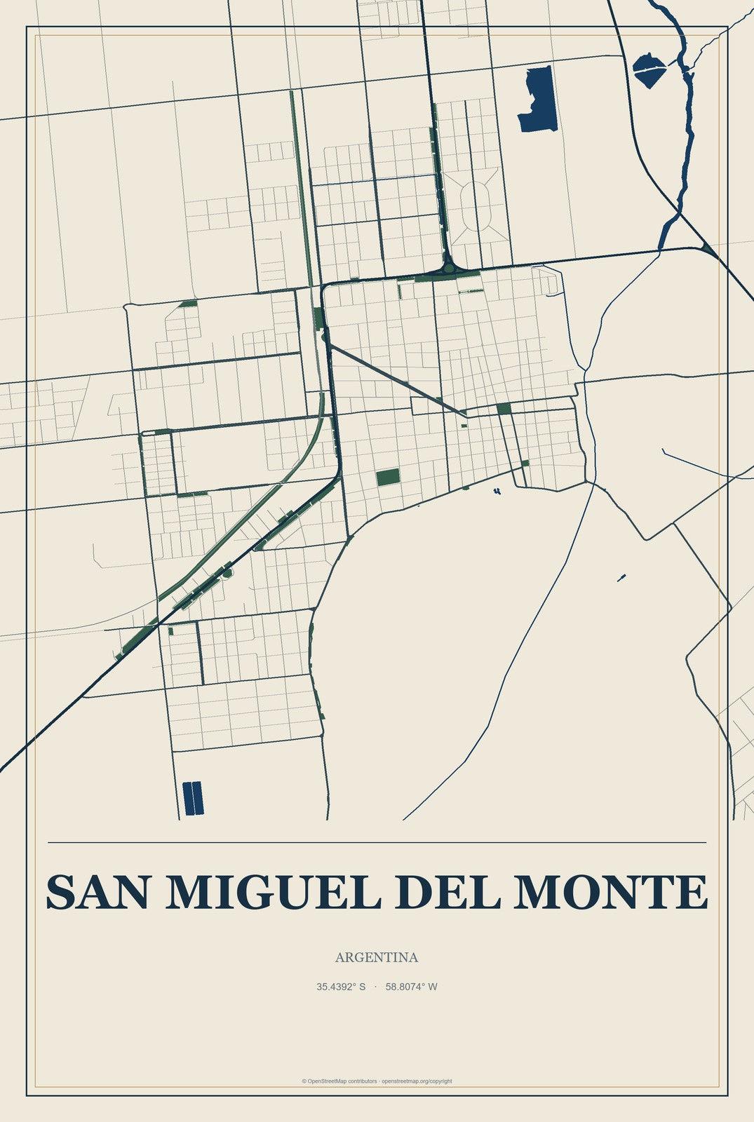San Miguel del Monte, Argentina City Map Aluminum Sign in Coastal Cutout style