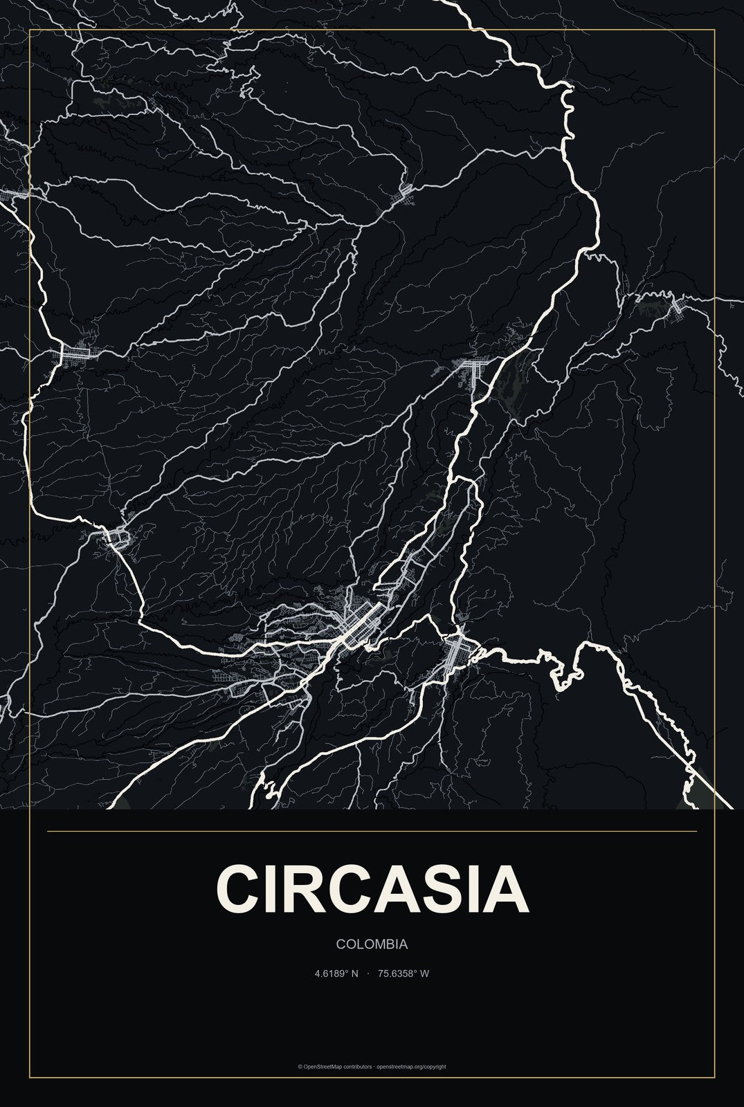 Circasia, Colombia City Map Aluminum Sign in Metropolitan Noir style