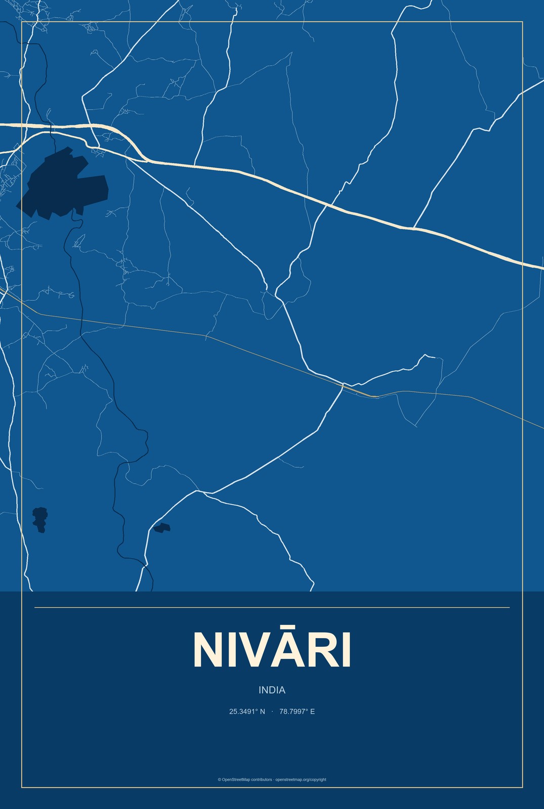 Nivāri, India City Map Aluminum Sign in Harbor Cobalt style