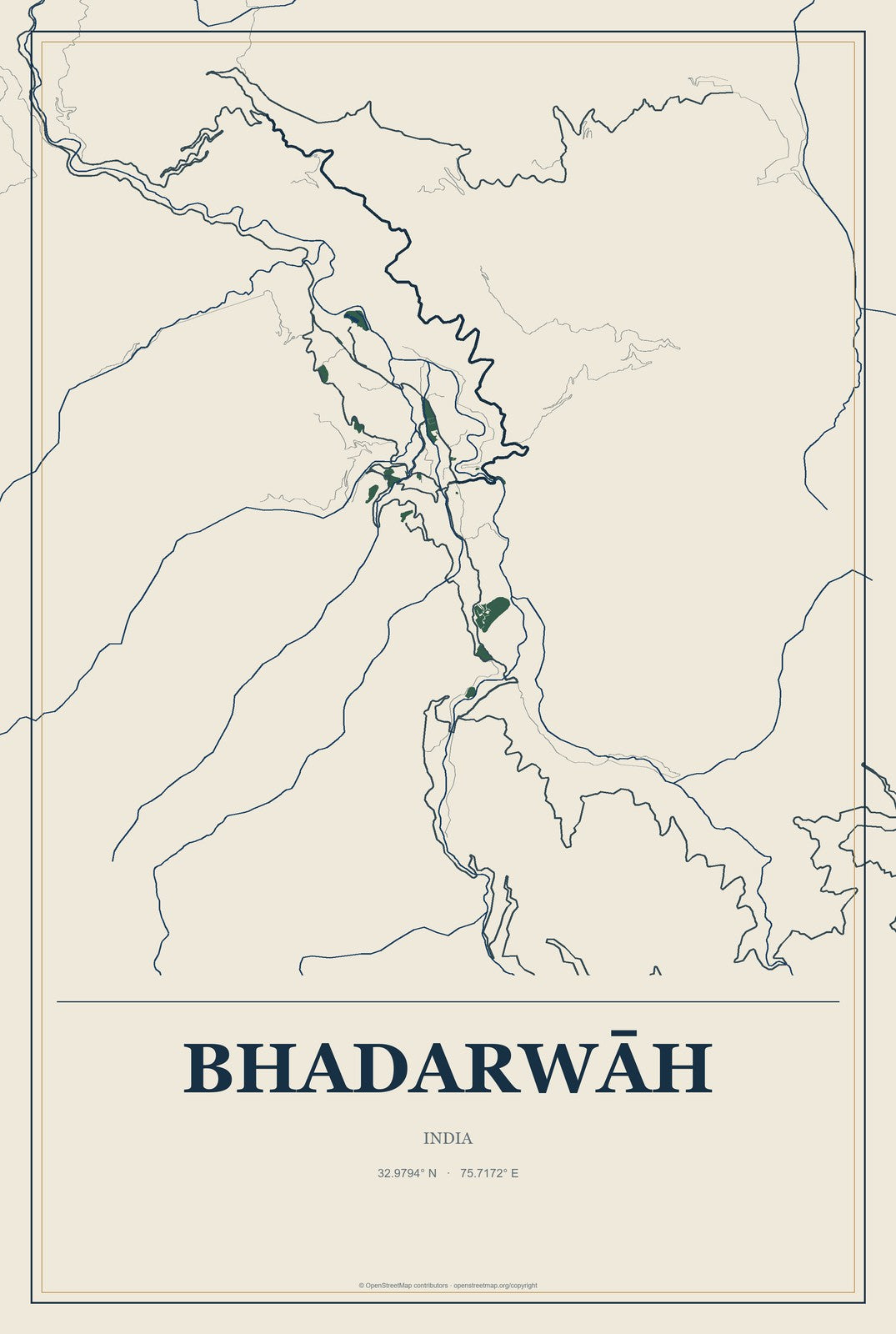 Bhadarwāh, India City Map Aluminum Sign in Coastal Cutout style