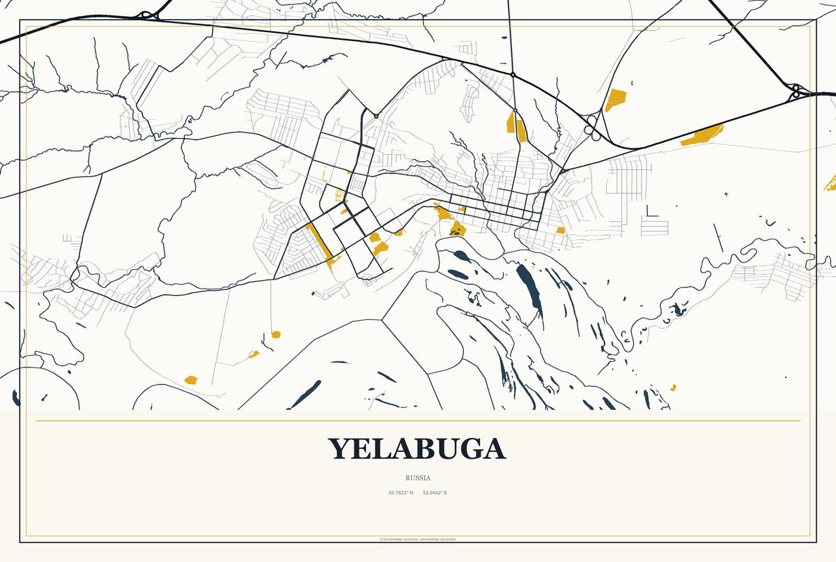 Yelabuga, Russia City Map Aluminum Sign in Citrine Modern style