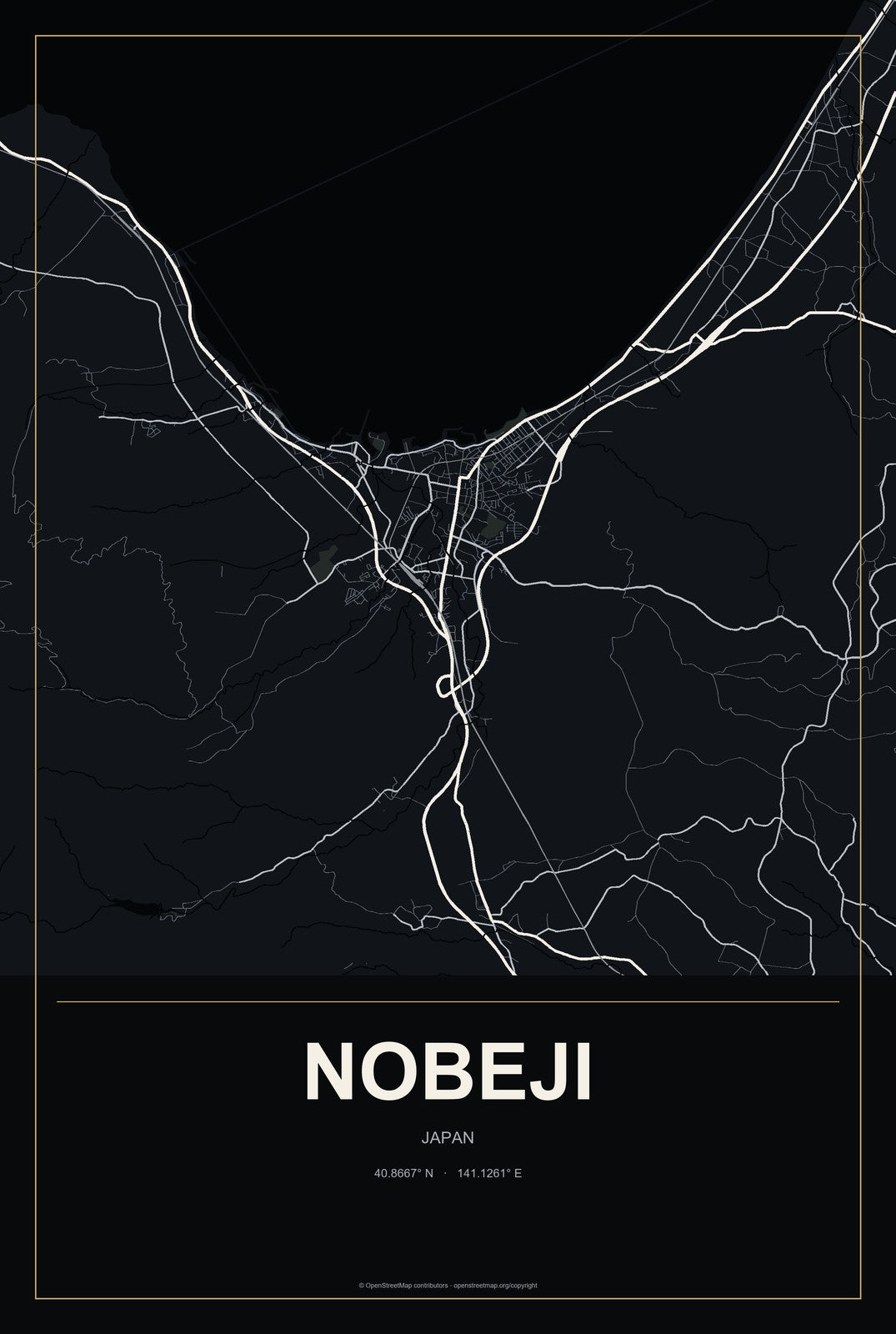 Nobeji, Japan City Map Aluminum Sign in Metropolitan Noir style