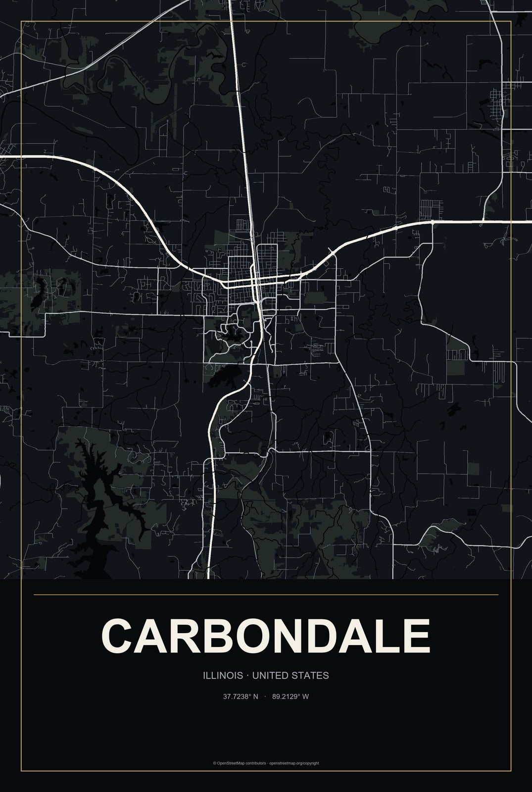 Carbondale, Illinois City Map Aluminum Sign in Metropolitan Noir style
