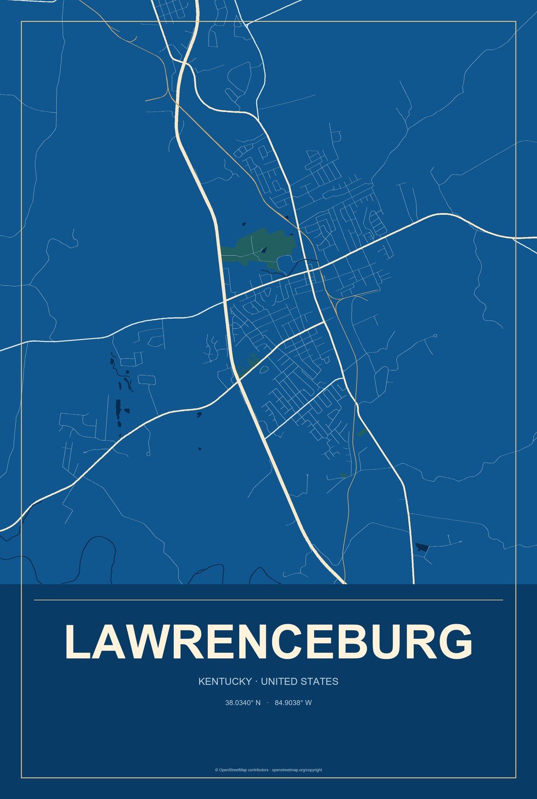Lawrenceburg, Kentucky City Map Aluminum Sign in Harbor Cobalt style